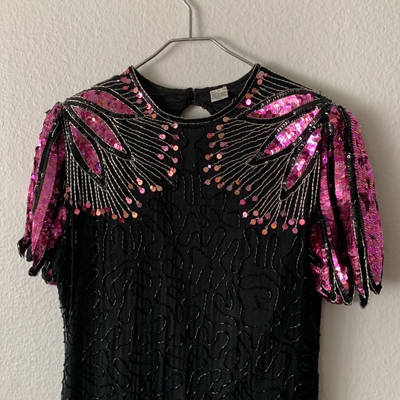 Laurence Kazar Black Pink Beaded Vintage dress - Picture 2 of 13